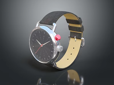 Luxury Leather Strap Watch With Round Dial Red Accent And Silver Case 3d model