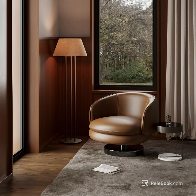 Brown Leather Swivel Leisure Chair with Curved Design Floor Lamp Side Table Wooden Wall Window 3d model 