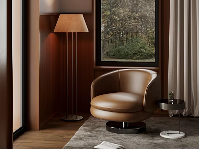 Brown Leather Swivel Leisure Chair with Curved Design Floor Lamp Side Table Wooden Wall Window 3d model