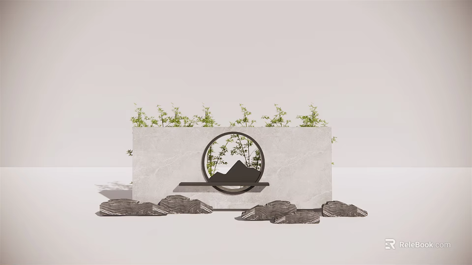 Scenic Wall Design With Circular Decoration Mountain Water Pattern Top Plants And Bottom Stones 3d model 
