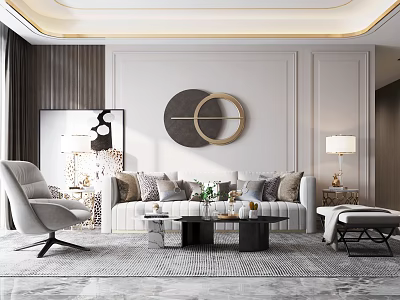 Modern Living Room Sofa Coffee Table Set With Pillows Armchair Floor Lamp And Wall Decor 3d model