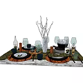 Elegant Tableware Set with Wooden Plates Glassware and Decorative Branches on Table 3d model