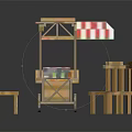 Wooden Food Cart With Red And White Striped Awning And Two Wooden Chairs