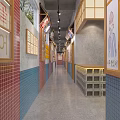 Traditional Style Restaurant Interior With Colorful Chinese Character Signs Brick Walls And Wooden Furniture