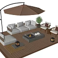 Outdoor Landscape Seating with Deck Umbrella Fire Pit Plants and Cushions