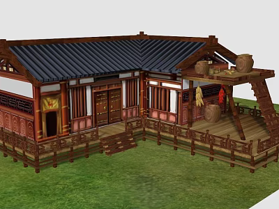 Ancient Chinese Architecture With Traditional Wooden Structure Black Tiled Roof And Wooden Fence On Grassland 3d model