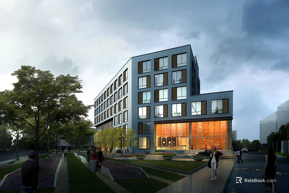 Modern Office Building with Large Glass Windows and Modern Facade Surrounded by Trees and Lawn 3d model 