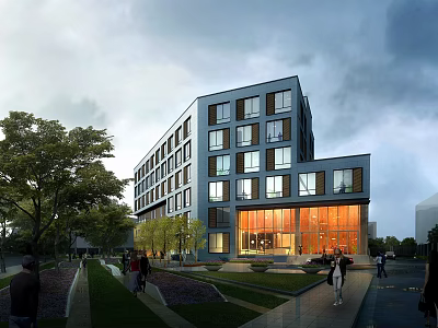 Modern Office Building with Large Glass Windows and Modern Facade Surrounded by Trees and Lawn 3d model