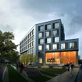 Modern Office Building with Large Glass Windows and Modern Facade Surrounded by Trees and Lawn