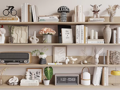 Elegant Decorative Ornament Collection On Shelf With Books Vases Plants Clock And Radio 3d model