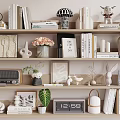 Elegant Decorative Ornament Collection On Shelf With Books Vases Plants Clock And Radio