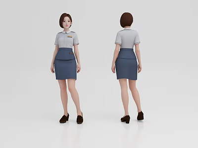Woman in Gray Short Sleeve Top and Blue Skirt With Brown Shoes Front Back Views 3d model