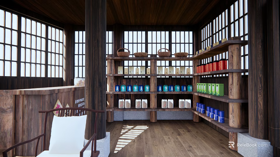Traditional Wooden Specialty Store Interior With Windows Shelves Colorful Jars And Baskets 3d model 