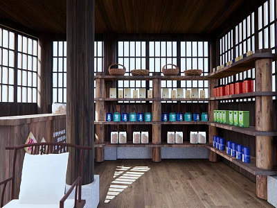 Traditional Wooden Specialty Store Interior With Windows Shelves Colorful Jars And Baskets 3d model