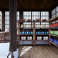 Traditional Wooden Specialty Store Interior With Windows Shelves Colorful Jars And Baskets