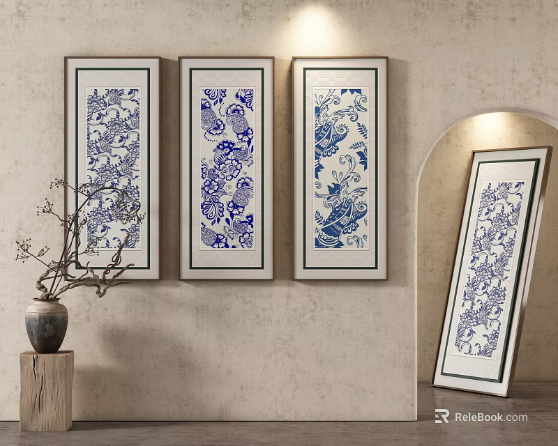 Four Blue and White Abstract Paintings For Decorative Interior Wall 3d model