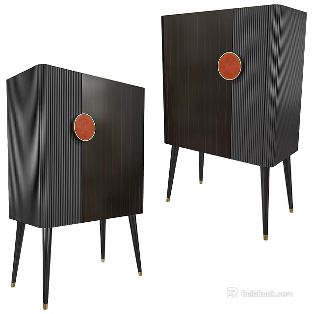 Modern Entryway Console Cabinet With Black Wooden Finish And Circular Gold Accent Handles 3d model 