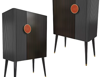 Modern Entryway Console Cabinet With Black Wooden Finish And Circular Gold Accent Handles 3d model