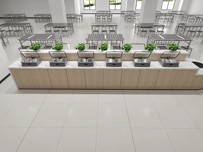 Cafeteria Food Service Counter With Service Windows Wooden Countertop Green Plants And Dining Tables 3d model