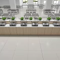 Cafeteria Food Service Counter With Service Windows Wooden Countertop Green Plants And Dining Tables