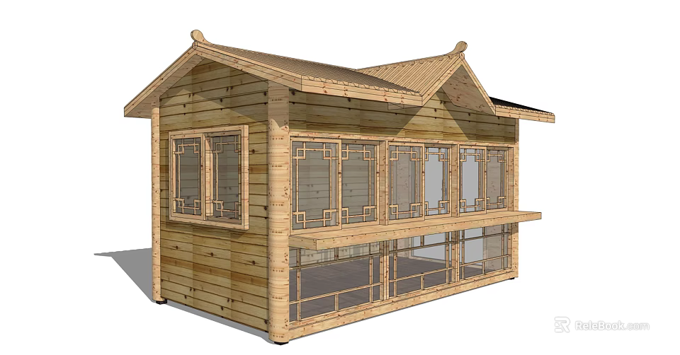 Traditional Two Story Wooden House With Classic Roof Balcony And Glass Windows 3d model 