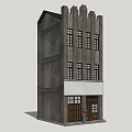 Retro Style Commercial Complex With Multi Storey Facade Windows And Entrance