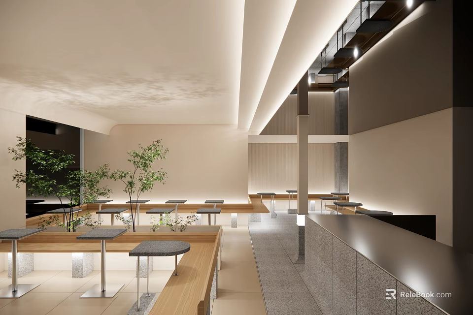Modern Cafe Interior Design With Wooden Tables Green Plants Gray Stools And Bar Counter 3d model 