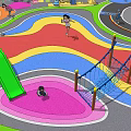 Colorful Children's Playground Area With Slide Climbing Structure Circular Zones Track And Trees