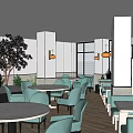 Modern Restaurant Interior With Reception Area Bench Seating Lighting And Dining Tables 3d model