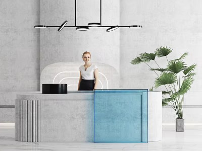 Modern Reception Desk With Blue Panel Grey Surface Hanging Lights Green Plant And Receptionist 3d model