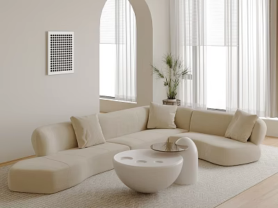 Modern Living Room Beige L shaped Sectional Sofa with Cushions White Round Coffee Tables 3d model