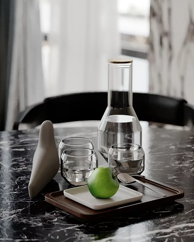 Decorative Ornament Set With Glass Carafe Cups Green Apple And White Piece On Marble Tabletop 3d model
