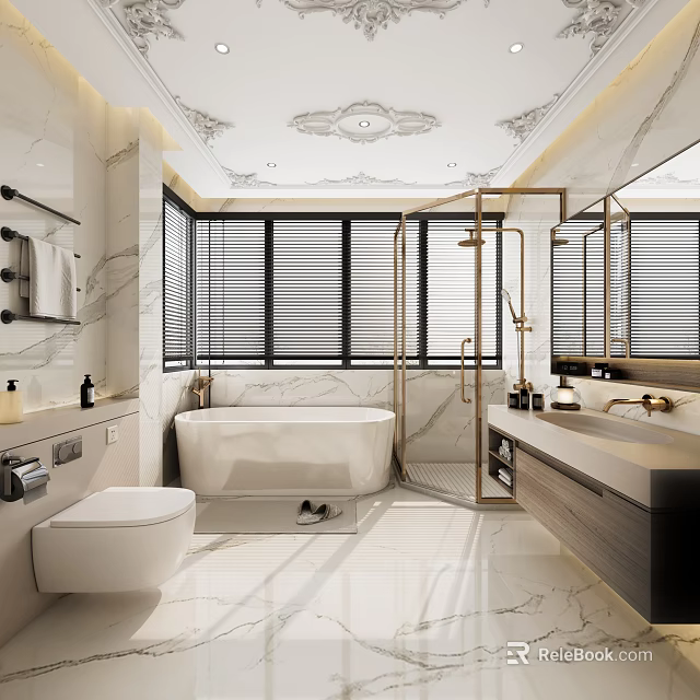 Modern Elegant Marble Bathroom Design With Freestanding Bathtub Gold Framed Shower And Floating Vanity Cabinet 3d model 