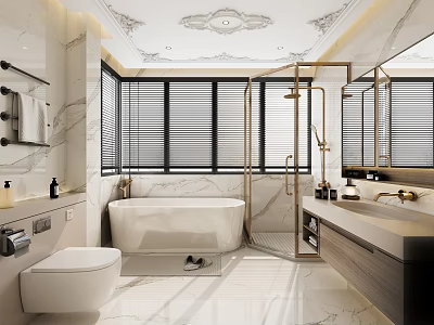 Modern Elegant Marble Bathroom Design With Freestanding Bathtub Gold Framed Shower And Floating Vanity Cabinet 3d model