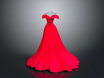 Red Off The Shoulder Formal Evening Gown With Full Flowy Train Skirt 3d model