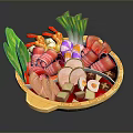 Colorful Hot Pot With Assorted Fresh Ingredients Including Meat Slices Vegetables And Tofu