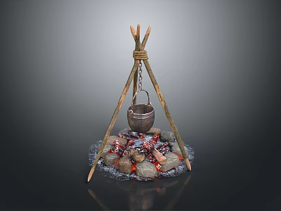 Outdoor Tripod Cooking Setup With Metal Bucket Stone Circle And Fire Water 3d model
