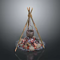 Outdoor Tripod Cooking Setup With Metal Bucket Stone Circle And Fire Water
