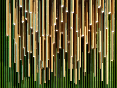 Modern Chandelier with Slender Vertical Rods in Green and Wooden Tones Illuminated 3d model