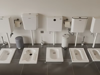 Sleek Modern Urinals In Public Bathroom With Cleaning Brushes And Trash Bins 3d model