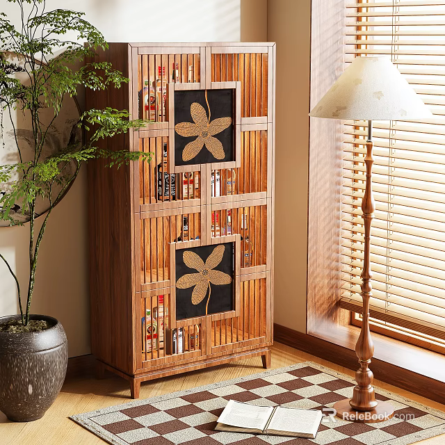 Wooden Wine Cabinet with Golden Flower Pattern and Bottles on Shelves in Cozy Indoor Greenery 3d model 