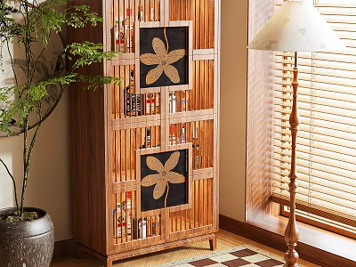 Wooden Wine Cabinet with Golden Flower Pattern and Bottles on Shelves in Cozy Indoor Greenery 3d model