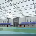 Indoor Tennis Court For Sports Fitness With Green Blue Surfaces Steel Roof And Purple Partitions