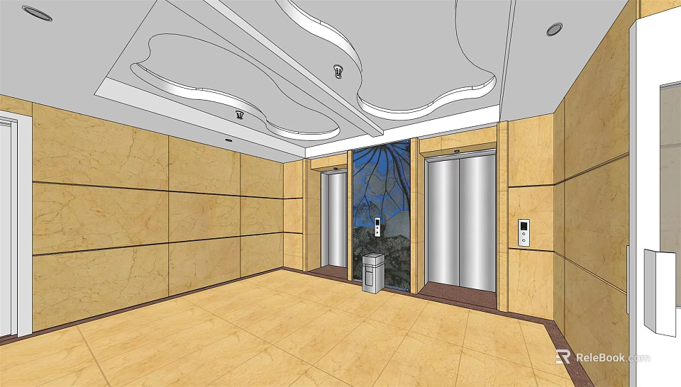 Elevator Lobby With Yellow Wall Panels Modern Ceiling Silver Doors Light Floor And Trash Bin 3d model