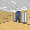 Elevator Lobby With Yellow Wall Panels Modern Ceiling Silver Doors Light Floor And Trash Bin 3d model