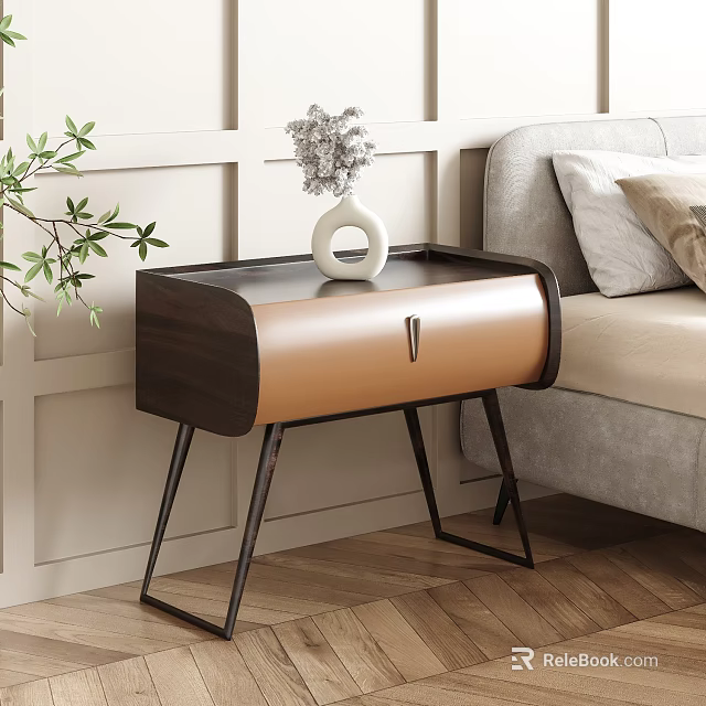 Stylish Modern Nightstand With Leather And Wood Design Metal Legs And Decorative Vase 3d model 