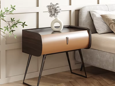 Stylish Modern Nightstand With Leather And Wood Design Metal Legs And Decorative Vase 3d model