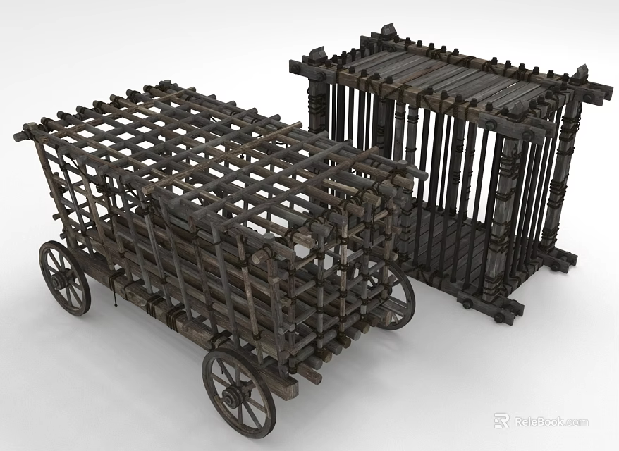 Ancient Wooden Cages Featuring Wheeled Prison Cart And Stationary Structure Design 3d model 