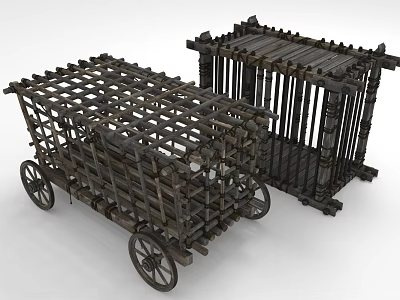 Ancient Wooden Cages Featuring Wheeled Prison Cart And Stationary Structure Design 3d model