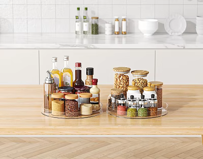 Organized Modern Kitchen Countertop With Rotating Assorted Spice And Condiment Bottles 3d model
